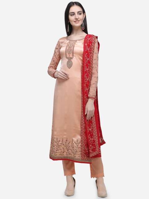 

Stylee LIFESTYLE Peach-Coloured & Red Satin Semi-Stitched Dress Material