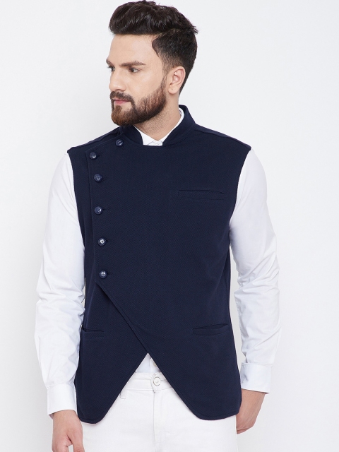 

Hypernation Men Navy Blue Asymmetric Solid Pure Cotton Nehru Jacket
