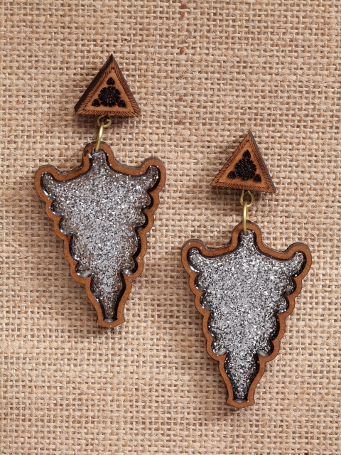 

PANASH Brown & Grey Triangular Handcrafted Wooden Drop Earrings