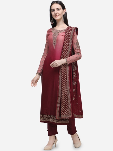 

Stylee LIFESTYLE Maroon & Gold-Coloured Satin Semi-Stitched Dress Material