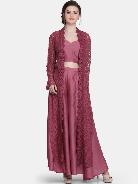 

Ojjasvi Women Burgundy Self Design Open Front Shrug