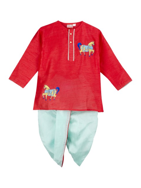 

KID1 Boys Peach-Coloured & Green Embroidered Kurta with Dhoti Pants