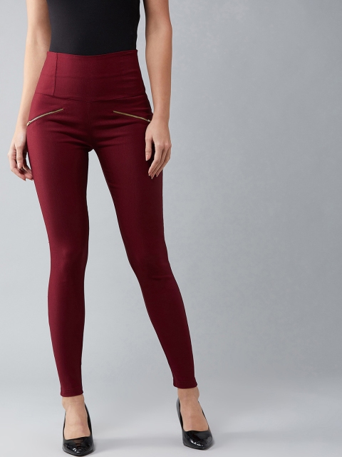 

DOLCE CRUDO Women Maroon Solid High-Waist Treggings