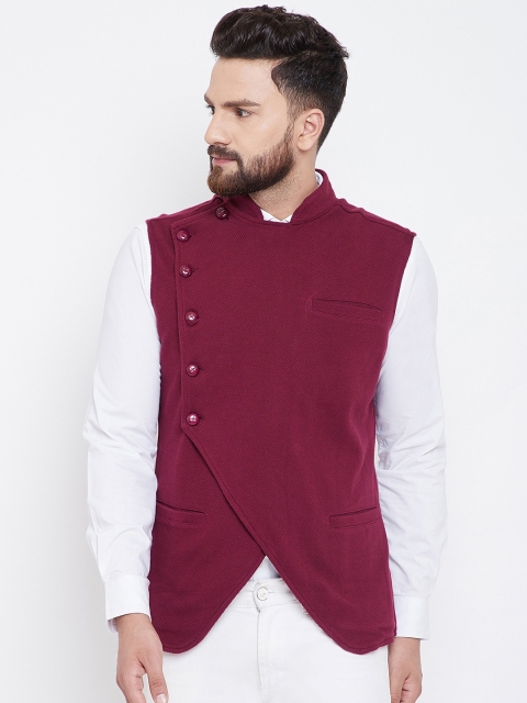 

Hypernation Men Maroon Solid Pure Cotton Nehru Jacket