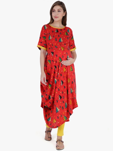 

MomToBe Women Red Printed A-Line Maternity Kurta