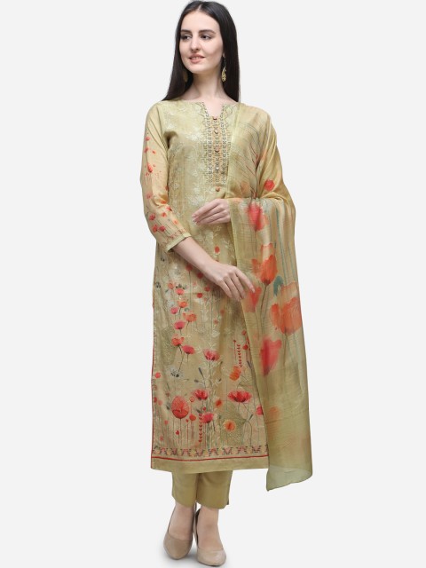 

Stylee LIFESTYLE Green & Orange Pure Silk Unstitched Dress Material