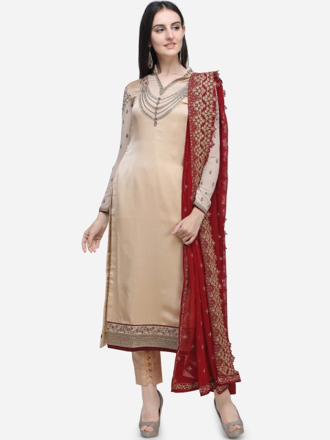 

Stylee LIFESTYLE Beige & Maroon Satin Semi-Stitched Dress Material