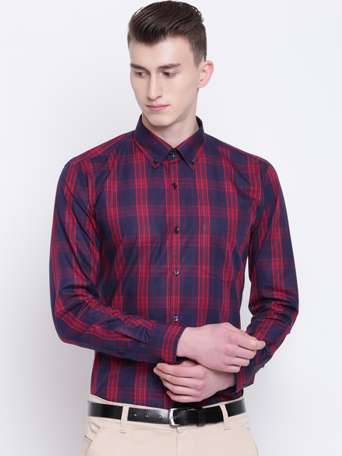 

Hancock Men Navy Blue & Red Slim Fit Checked Formal Shirt