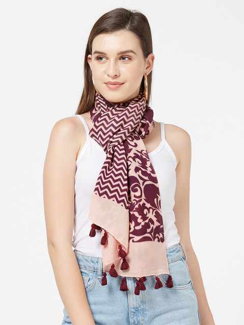 

Vozaf Women Pink & Maroon Printed Woollen Shawl With Pom Pom