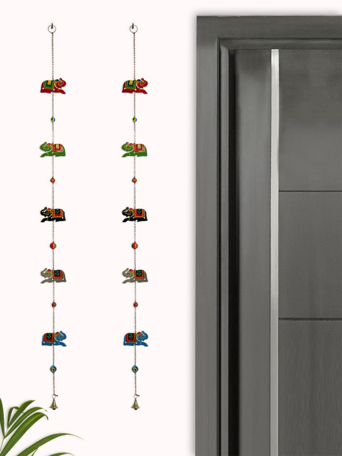 

The Hanging Elephants' Hand-Painted Decorative Toran In Chilbil Wood (Set of 2), Multi