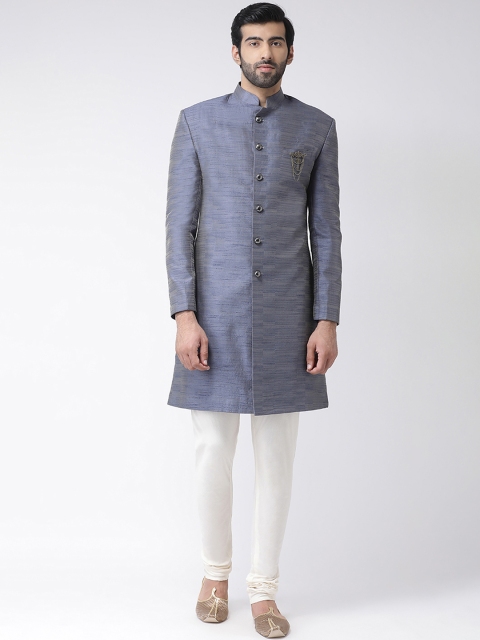 

KISAH Men Grey Melange And White Self-Design Sherwani Set