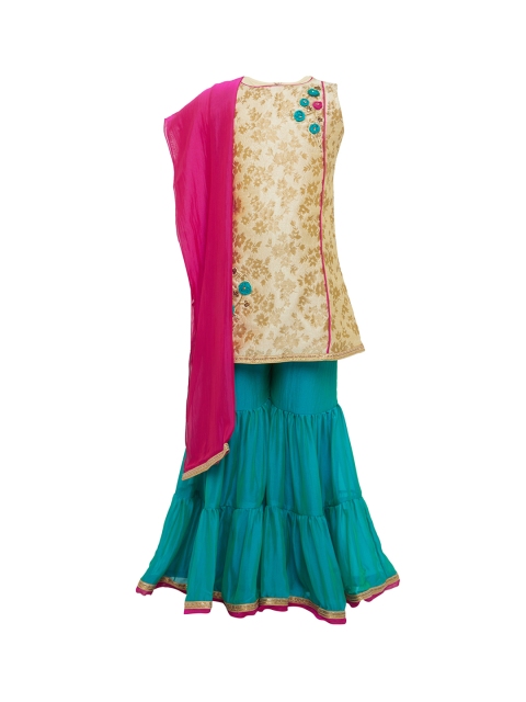 

BETTY Girls Gold-Coloured & Green Printed Kurti with Sharara & Dupatta