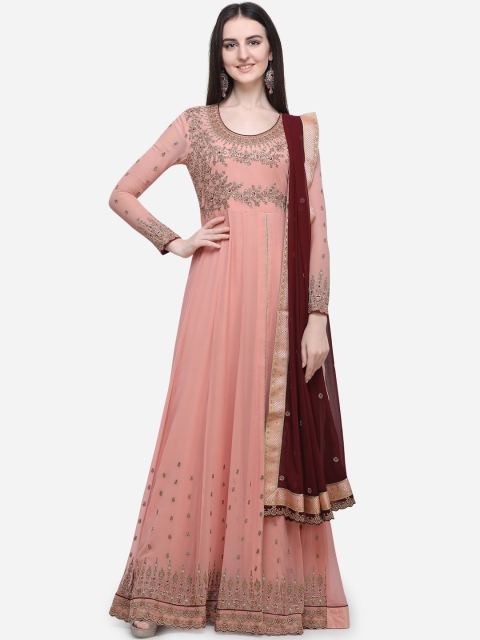 

Stylee LIFESTYLE Peach-Coloured & Gold-Coloured Satin Semi-Stitched Dress Material