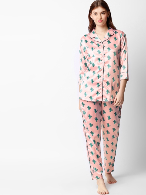 

I like me Women Peach-Coloured & Green Printed Night suit