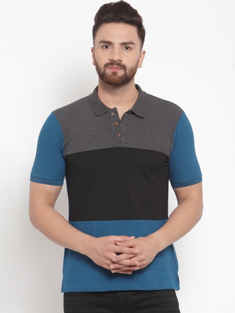 

Kalt Men Teal Blue & Balck Colourblocked Polo Collar T-shirt