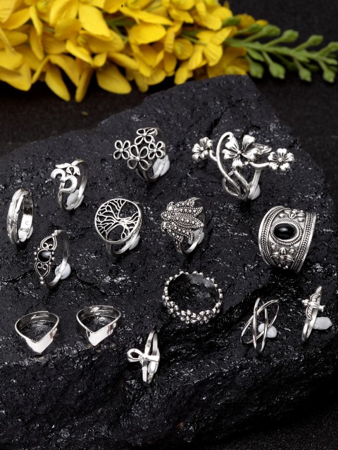 

Ferosh Women Set of 14 Oxodised Silver-Toned Wiola Finger Rings