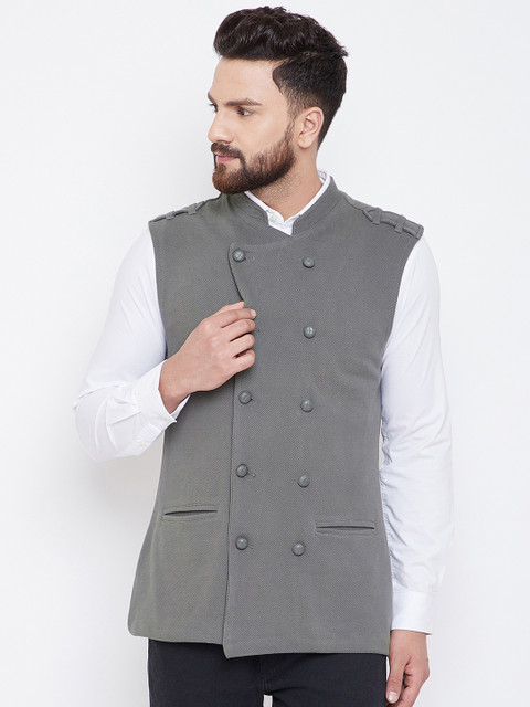 

Hypernation Men Grey Solid Double-Breasted Pure Cotton Waistcoat