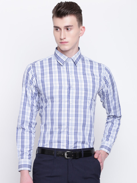 

English Navy Men Navy Blue & White Slim Fit Checked Formal Shirt