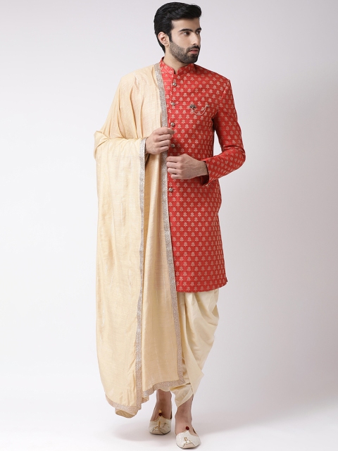 Men Red & Beige Printed Sherwani Set