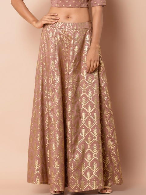 

INDYA Women Pink & Gold-Toned Printed Flared Maxi Skirt