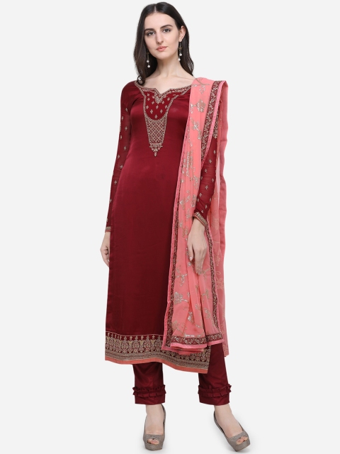 

Stylee LIFESTYLE Maroon & Gold-Coloured Satin Semi-Stitched Dress Material
