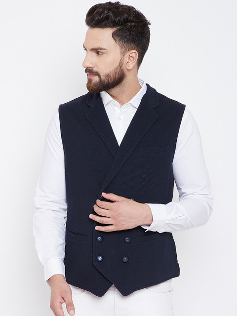 

Hypernation Men Navy Blue Solid Double-Breasted Waistcoat