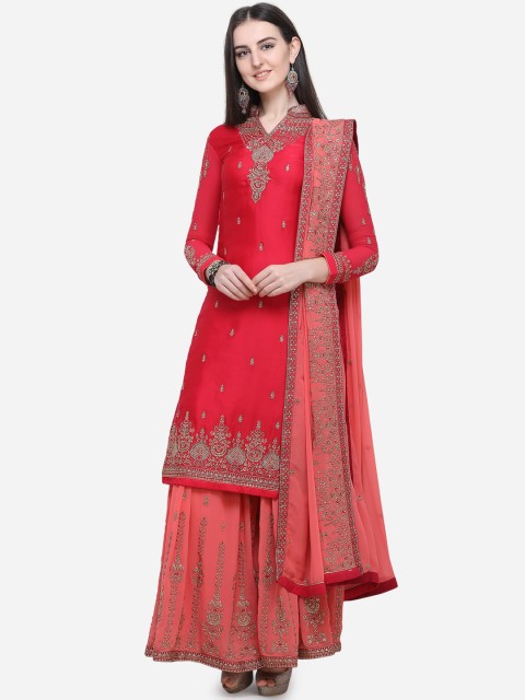 

Stylee LIFESTYLE Coral Red Satin Semi-Stitched Dress Material