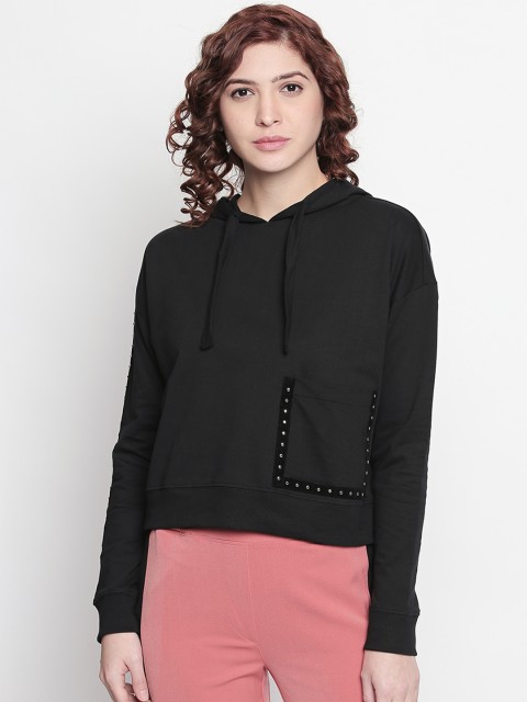 

ANWAIND Women Black Solid Hooded Sweatshirt