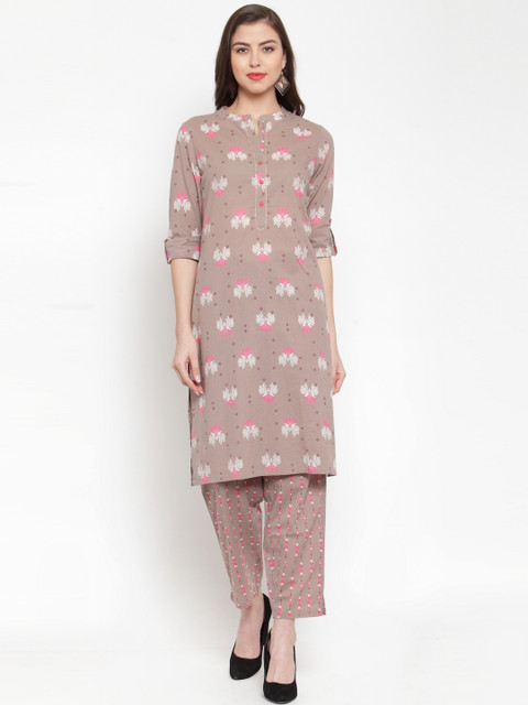 

Kiaasa Women Taupe & White Printed Kurta with Trousers