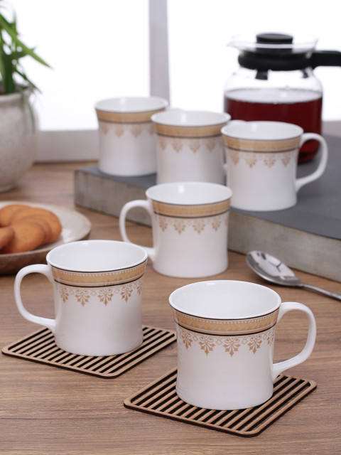 

CLAY CRAFT Set of 6 White Printed Bone China Cups 150 ml Each