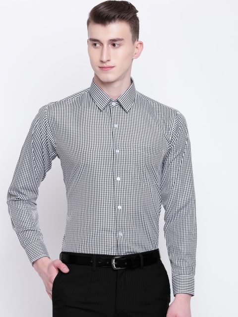 

English Navy Men Black & White Slim Fit Checked Formal Shirt