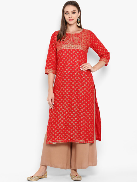 

ZOEYAMS Women Red & Gold-Coloured Printed Straight Kurta