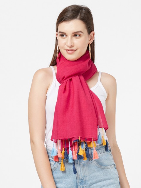 

Vozaf Women Fuchsia Pink Solid Woollen Shawl With Pom Pom