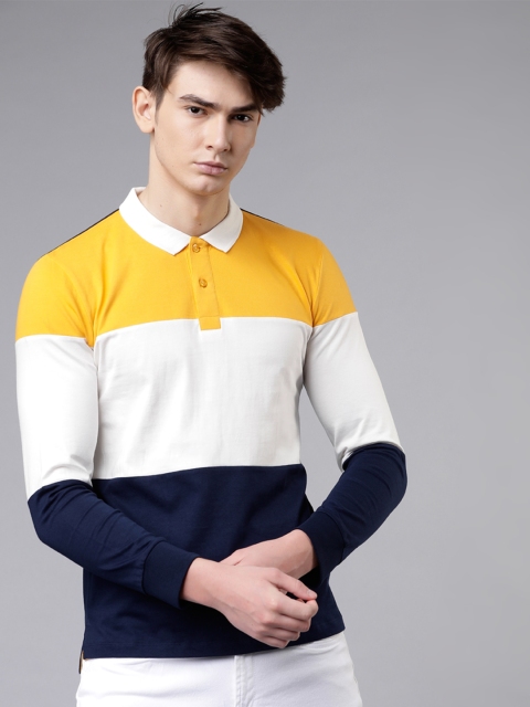 

LOCOMOTIVE Men Navy Blue & White Colourblocked Slim Fit Polo Collar T-shirt