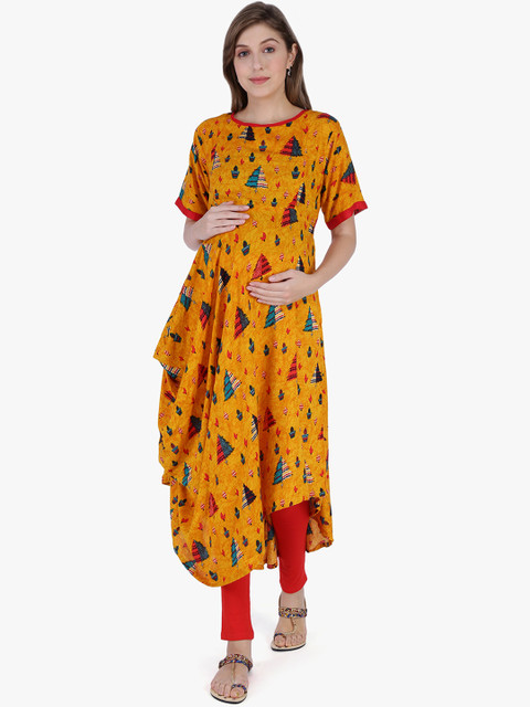 

MomToBe Women Mustard Yellow Quirky Print Maternity And Feeding A-Line Kurta