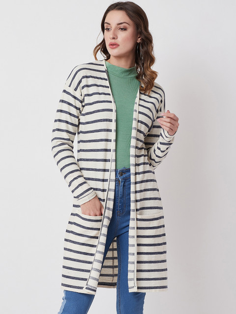 

Nun Women Navy Blue & Beige Striped Open Front Shrug