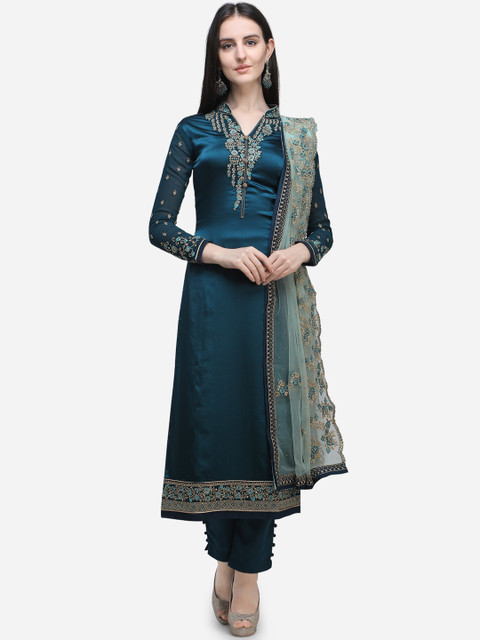 

Stylee LIFESTYLE Teal Green Satin Semi-Stitched Dress Material