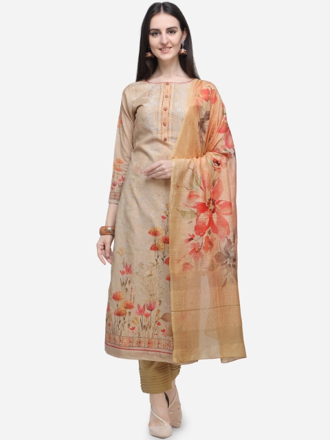 Stylee LIFESTYLE Beige Pure Silk Unstitched Dress Material