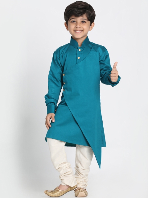 

VASTRAMAY Boys Teal & Cream-Coloured Solid Kurta with Churidar