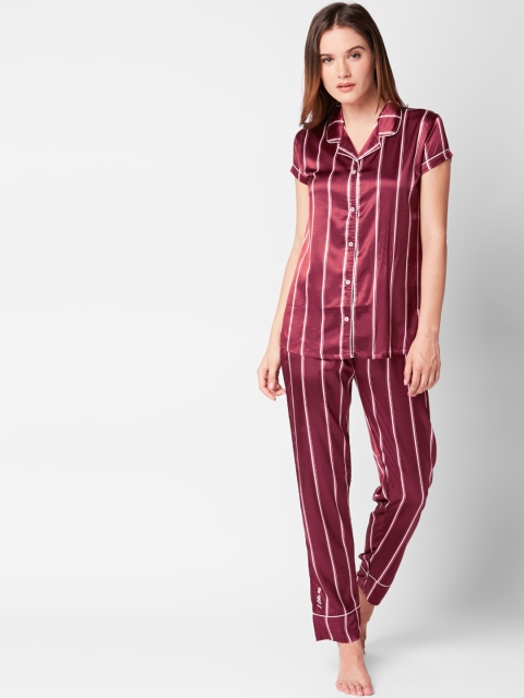 

I like me Women Maroon & White Striped Night Suit