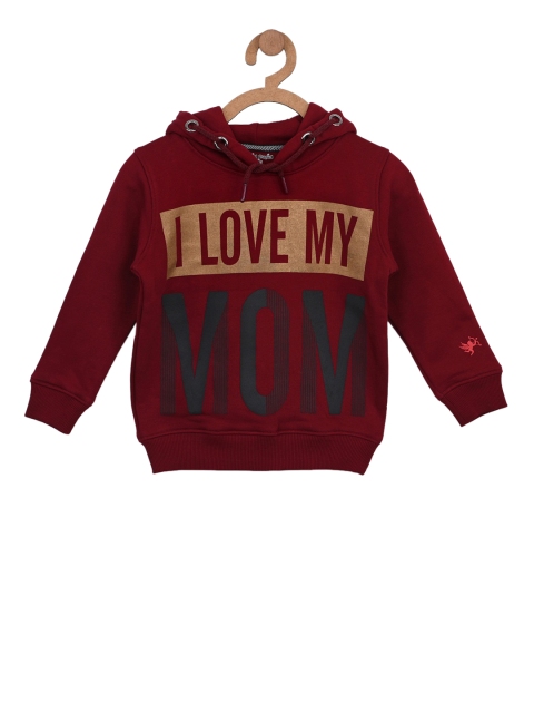 

Stupid Cupid Boys Maroon Printed Hooded Sweatshirt