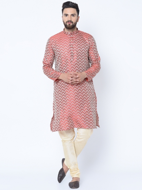 

TAG 7 Men Red & Gold-Toned Self Design Kurta with Churidar