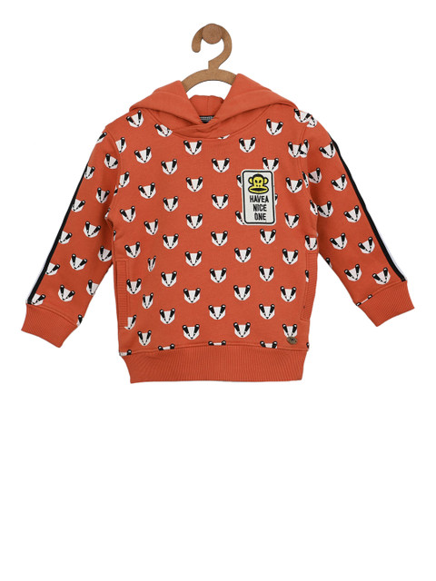

Stupid Cupid Boys Rust Orange Printed Hooded Sweatshirt