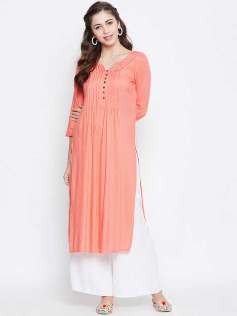 

Prakhya Women Peach-Coloured Solid Straight Kurta