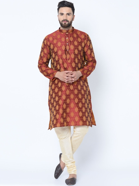 

TAG 7 Men Maroon & Gold-Toned Self Design Jacquard Kurta with Churidar