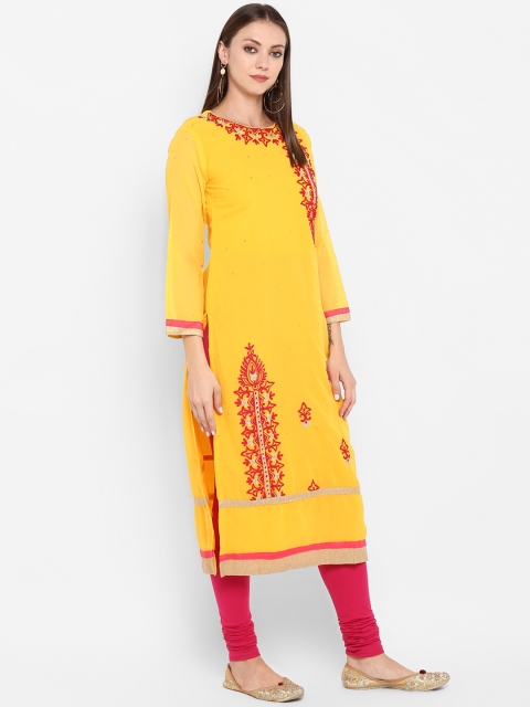 

ZOEYAMS Women Yellow Embroidered Straight Kurta
