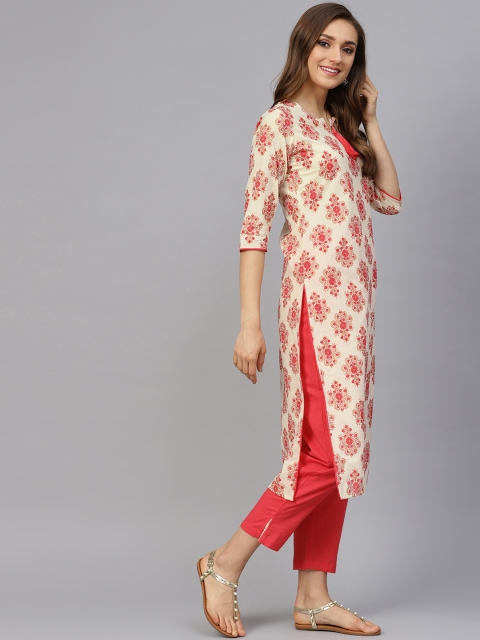 

Idalia Women Cream-Coloured & Pink Printed Kurti with Trousers