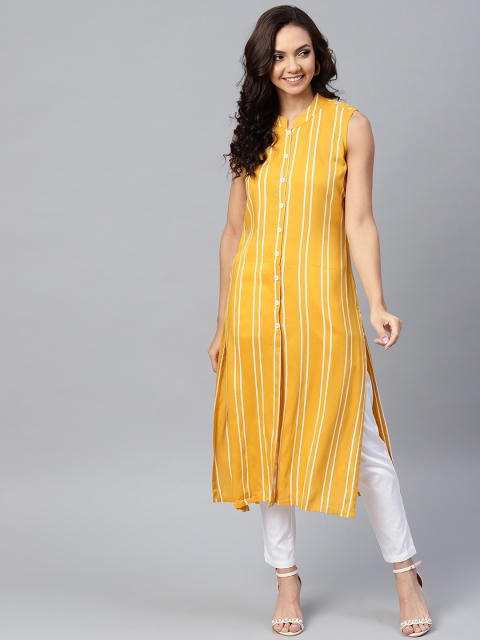 

Jompers Women Mustard Yellow Striped Straight Kurta