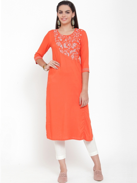 

ETIQUETTE Women Orange Embroidered Straight Kurta