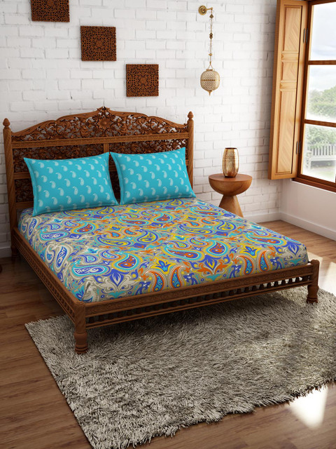 

Welspun Multicoloured Ethnic Motifs 210 TC Cotton 1 Queen Bedsheet with 2 Pillow Covers, Multi